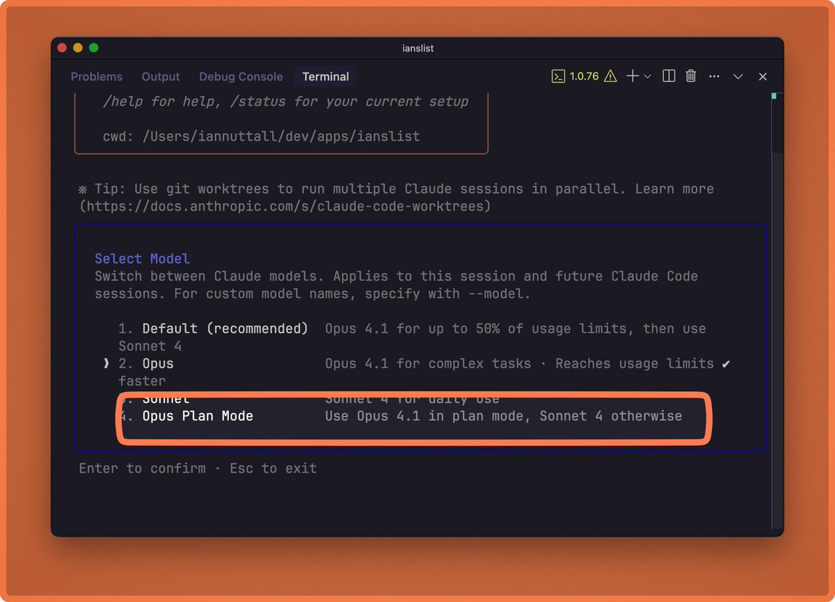 iannuttall's tweet image. Just noticed they added Opus Plan Mode to /model in Claude Code

This will use Opus 4.1 for planning and Sonnet 4 for implementation.

This is clever!