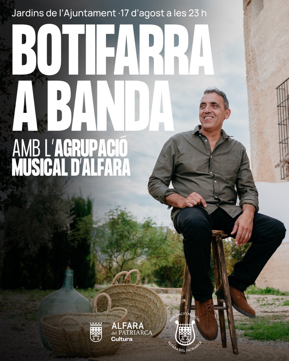 Jesús Guanter (@jesusguanter_) on Twitter photo 🎵 Arriba el concert de festes: l’Agrupació Musical d’Alfara amb el Botifarra!
Com a Regidor de Cultura de l’<a href="/Alfarajuntament/">Alfara del Patriarca</a> potenciem la cultura en valencià amb <a href="/PepBotifarra/">Pep Gimeno "Botifarra"</a>!
Vos esperem este diumenge 17 d’agost a les 23 h als Jardins de l’Ajuntament d’Alfara. 🎵 Arriba el concert de festes: l’Agrupació Musical d’Alfara amb el Botifarra!
Com a Regidor de Cultura de l’<a href="/Alfarajuntament/">Alfara del Patriarca</a> potenciem la cultura en valencià amb <a href="/PepBotifarra/">Pep Gimeno "Botifarra"</a>!
Vos esperem este diumenge 17 d’agost a les 23 h als Jardins de l’Ajuntament d’Alfara.