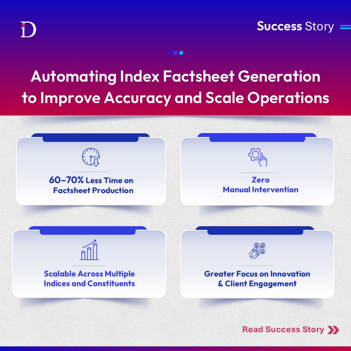 From manual reporting to automated precision.

A leading global index provider partnered with Decimal Point Analytics to automate index factsheet generation covering data validation, performance metrics, visuals, and commentary across 65+ indices and 500+ constituents.

The