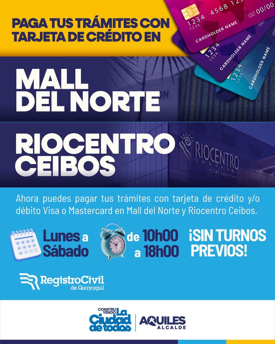 ¡PAGA TUS TRÁMITES CON TARJETA DE CRÉDITO EN MALL DEL NORTE / RIOCENTRO CEIBOS!

Ahora puedes pagar tus trámites con tarjeta de crédito y/o débito (Visa o Mastercard) en cualquiera de estas oficinas.
¡Te esperamos de  Lunes a Sábado desde las 10h00 hasta las 18h00!