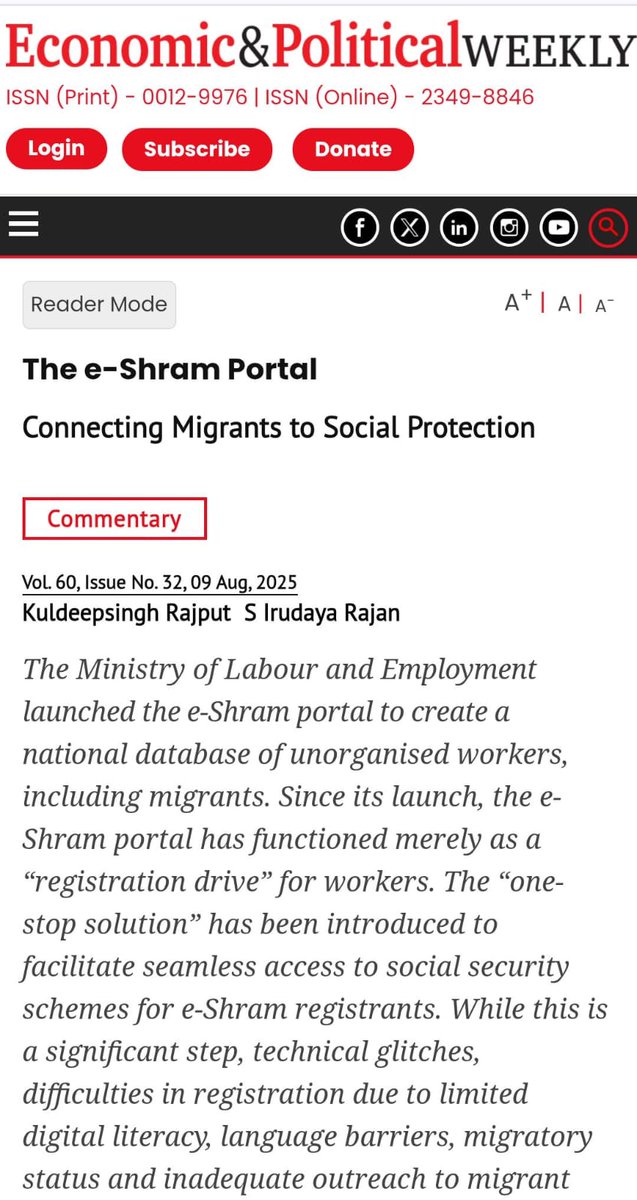 Kuldeepsingh Rajput (@_kuldeepsingh_r) on Twitter photo *Publication Alert*
I am pleased to share my latest co-authored publication with S. I. Rajan, titled "The e-Shram Portal: Connecting Migrants to Social Protection" featured in the latest issue of <a href="/epw_in/">Economic & Political Weekly</a>
epw.in/journal/2025/3… *Publication Alert*
I am pleased to share my latest co-authored publication with S. I. Rajan, titled "The e-Shram Portal: Connecting Migrants to Social Protection" featured in the latest issue of <a href="/epw_in/">Economic & Political Weekly</a>
epw.in/journal/2025/3…