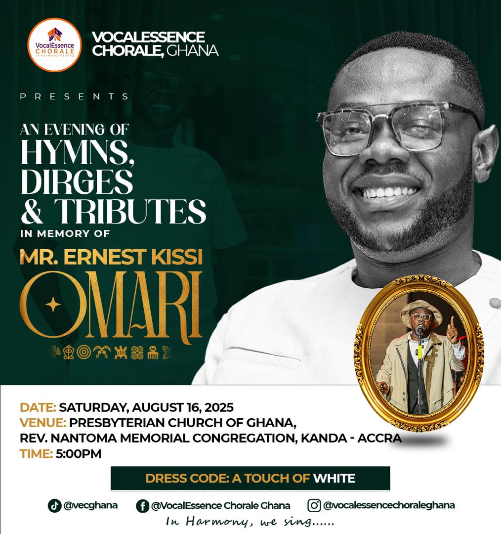 ugjubileechoir's tweet photo. You're invited to a Special Evening of Tribute and Songs in honour and in loving memory of Ernest Kissi Omari (Fmr. President, 2017/2018) on Saturday 16th August at 5pm at the Presbyterian Church, Rev. Nantoma Memorial Congregation, Kanda.

#ugjubileechoir #universityofghana https://t.co/iY2ylWv8Vm