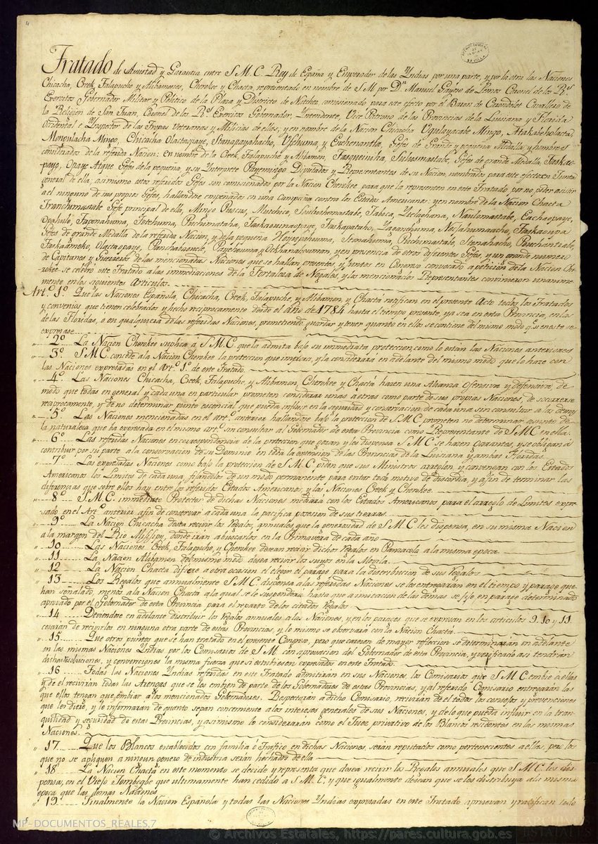 1793 Tratado de paz y alianza entre España y los Cherokis y otros pueblos indios.
Los Nogales, octubre 28 de 1793. 
Tratado de amistad y garantía entre Su Majestad Católica, Rey de España y Emperador de las Indias, por una parte, y por la otra las naciones Chicacha, Creek 👇🏻