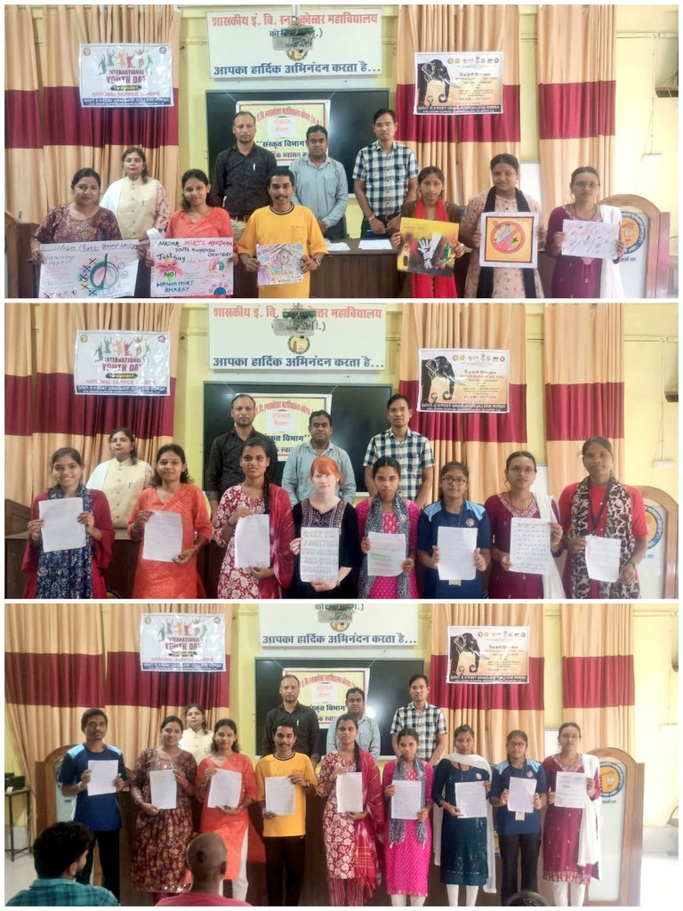 renuu1106's tweet photo. आज दि. #12Aug को #GEVPGCollegeKorba में #अंतर्राष्ट्रीय_युवा_दिवस, #विश्व_हाथी_दिवस, #राष्ट्रीय_पुस्तकालय_दिवस एवं #संस्कृत_दिवस मनाया गया। साथ ही #नशा_मुक्त_भारत कार्यक्रम के अंतर्गत चित्रकला,नारा लेखन एवं निबंध प्रतियोगिता का भी आयोजन हुआ।
@_NSSIndia @nssrddelhi @manojsinha812 https://t.co/GZiziXTGHU