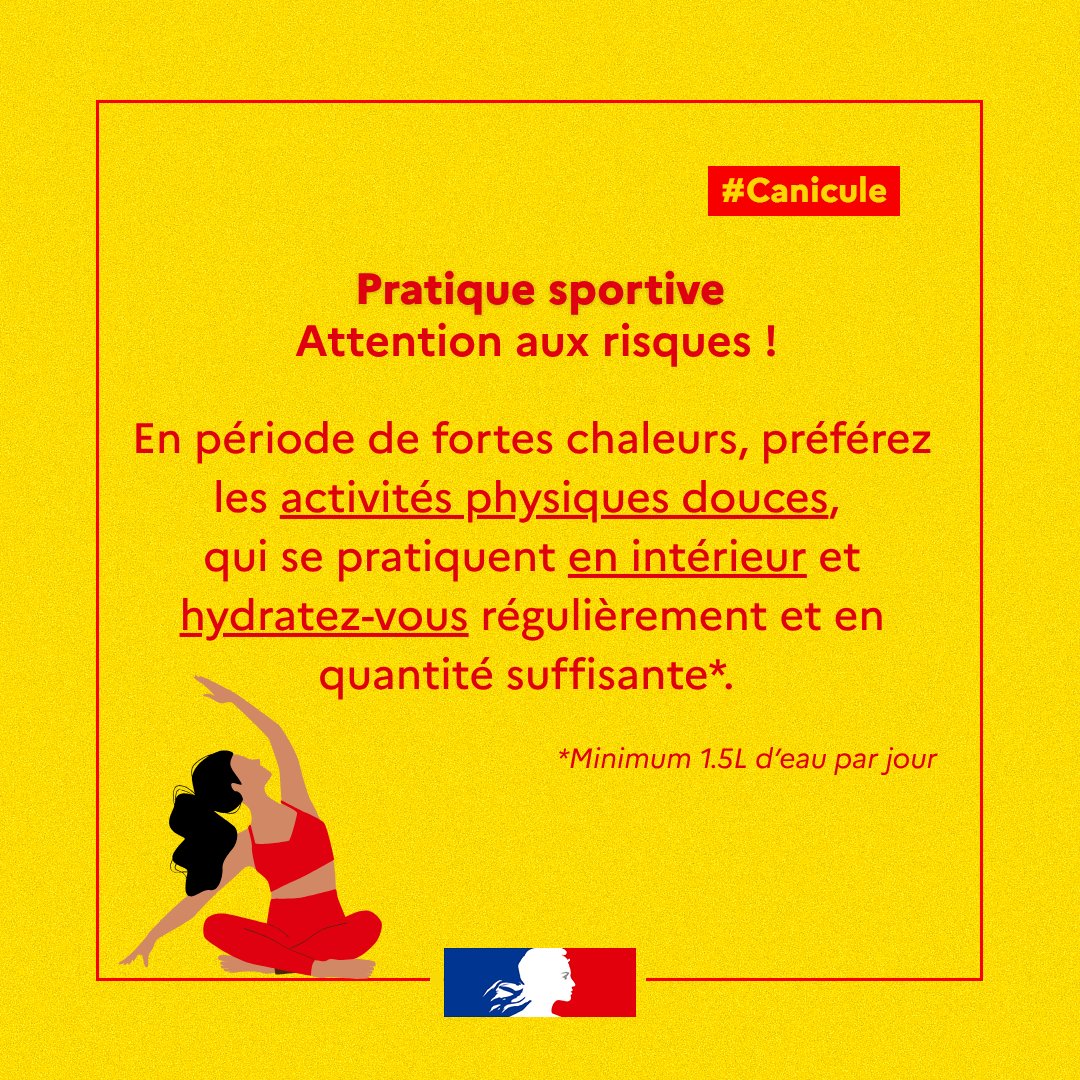 Ministère de la Santé et de l'Accès aux soins (@sante_gouv) on Twitter photo #Canicule | Chaque année de nombreux accidents liés à la pratique sportive intense en période fortes chaleurs sont signalés.
⚠ En période de canicule, il est déconseillé de pratiquer un effort trop intense en plein air. 
Plus d'infos sur les risques : sante.gouv.fr/sante-et-envir… #Canicule | Chaque année de nombreux accidents liés à la pratique sportive intense en période fortes chaleurs sont signalés.
⚠ En période de canicule, il est déconseillé de pratiquer un effort trop intense en plein air. 
Plus d'infos sur les risques : sante.gouv.fr/sante-et-envir…