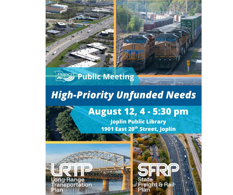 Join us in Joplin TONIGHT a 4pm at The Joplin Public Library to discuss the updated draft of the High Priority Unfunded Needs list and long-range plan goals/objectives. For more information, please visit modot.org/node/74015.