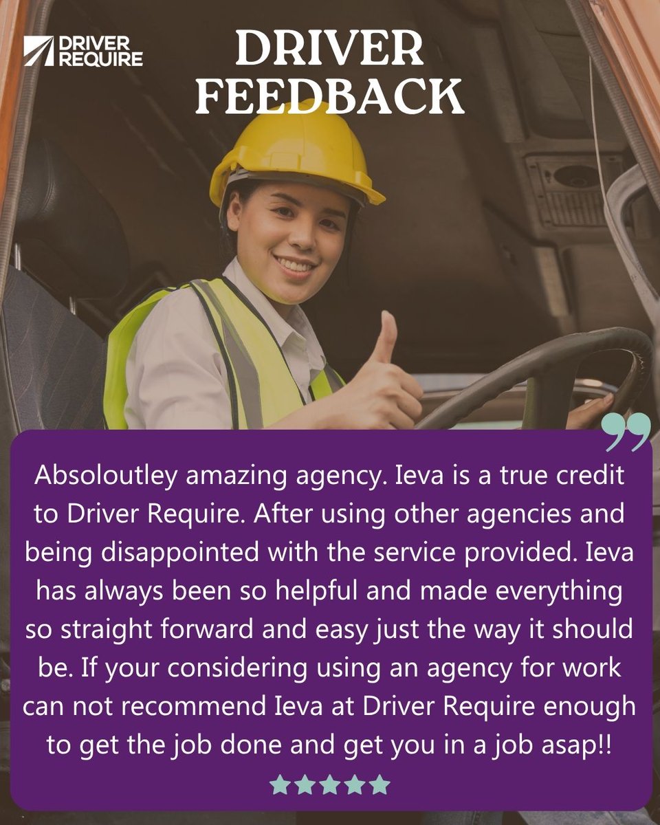 DriverRequire's tweet image. “Can’t recommend Ieva at Driver Require enough!” 🙌
This driver came to us after being let down by other agencies and finally found the support they needed.
#HGVJobs #DriverSupport #RecruitmentThatWorks