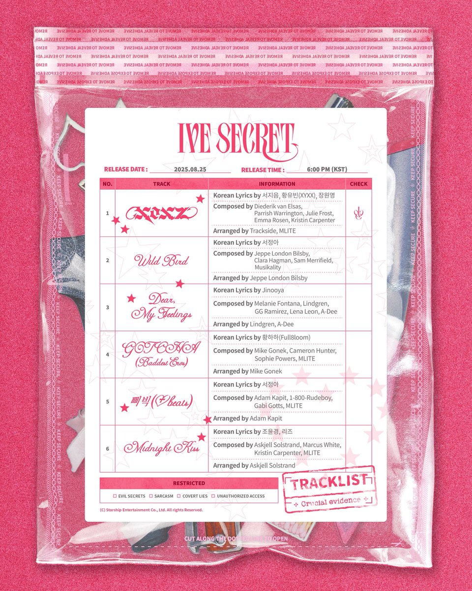 IVE
THE 4th EP
< 𝐈𝐕𝐄 𝐒𝐄𝐂𝐑𝐄𝐓 >

TRACKLIST

ALBUM RELEASE
2025.08.25 MON 6PM (KST)

#IVE #아이브 
#IVE_SECRET
#XOXZ #IVE_XOXZ