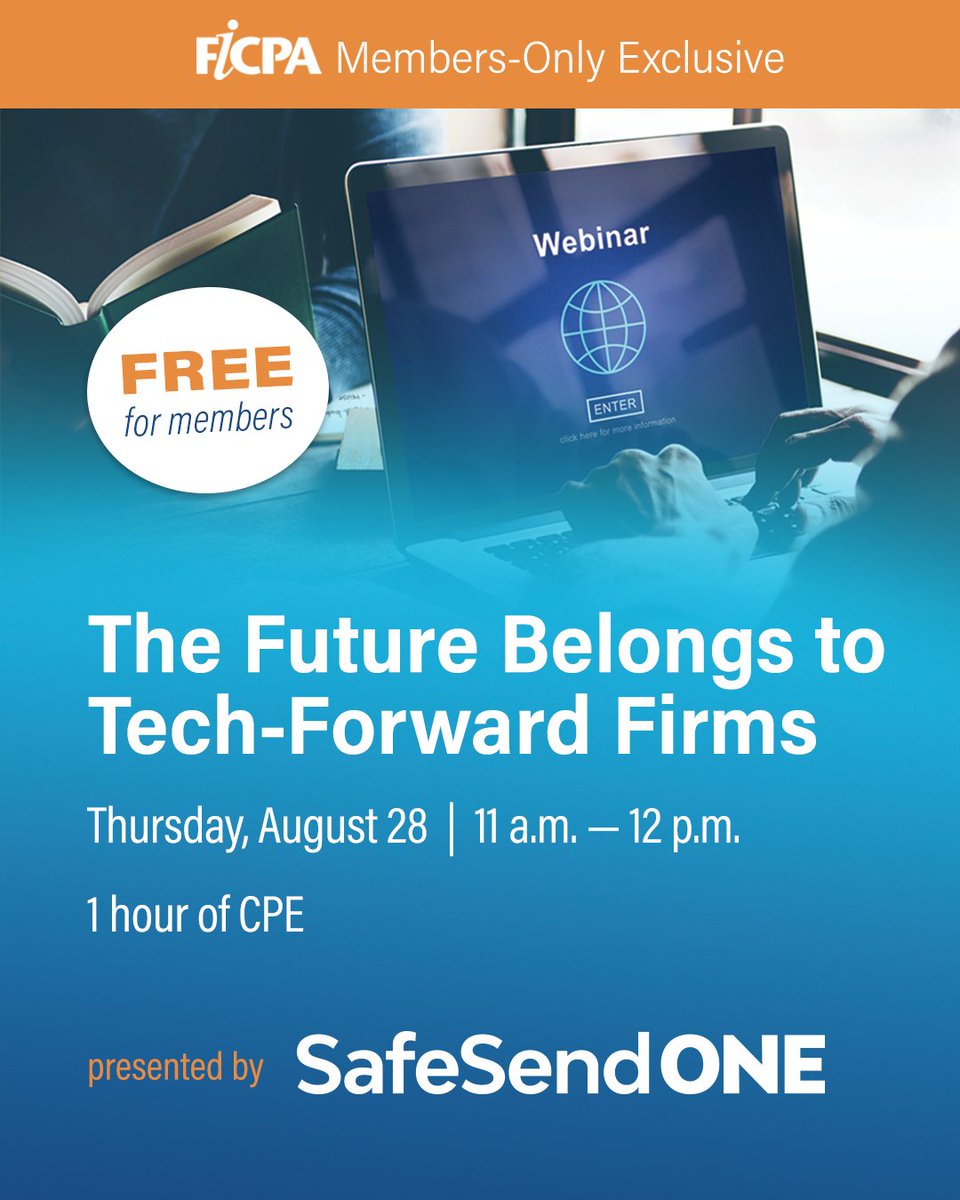 Automating manual tasks can save your firm hundreds of hours and thousands of dollars and help you attract a next-gen, tech-savvy team. Tune in on Aug. 28 for the #FICPA’s Members-Only Webinar on, “The Future Belongs to Tech-Forward Firms.” hubs.ly/Q03C7XQ20

#FICPA