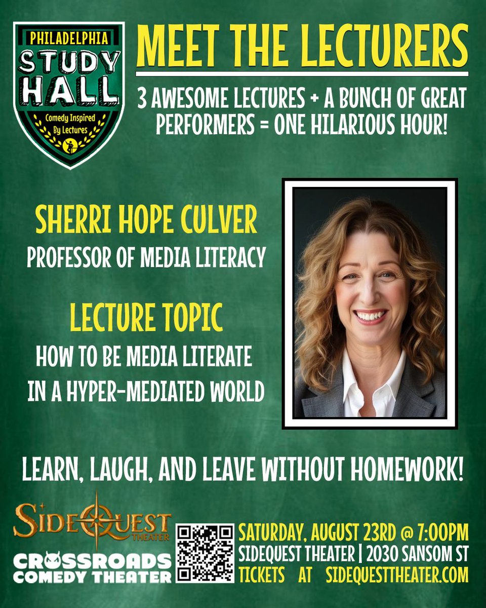 Xroads_Comedy's tweet photo. Study Hall Philly is back at SideQuest on August 23rd @ 7pm! We have 3 great guests lined up that are ready to teach you about media literacy, stage combat, and ecosystems! Come learn and laugh with us! Tickets at https://t.co/xDO6RIFqsN https://t.co/KIgr9osvlx