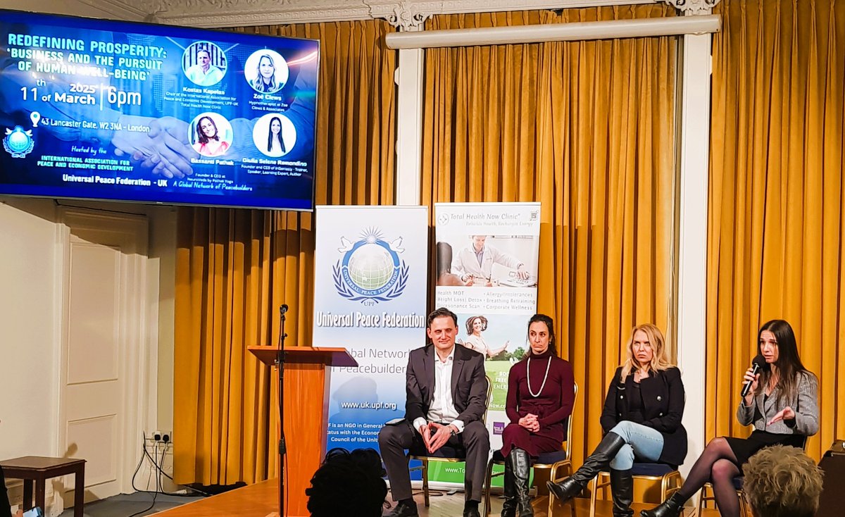 ukUPF's tweet photo. 'Redefining Prosperity: Business &amp; the Pursuit of Human Well-Being' IAED - Universal Peace Federation UK, 11 March. See https://t.co/Nh4iN6fT8d   Zoe Clews, Bassanti Pathak, Gulia Selene Remondino. Kostas Kapelas - Chair of #IAED #UPF https://t.co/b7iWJIEoKm
