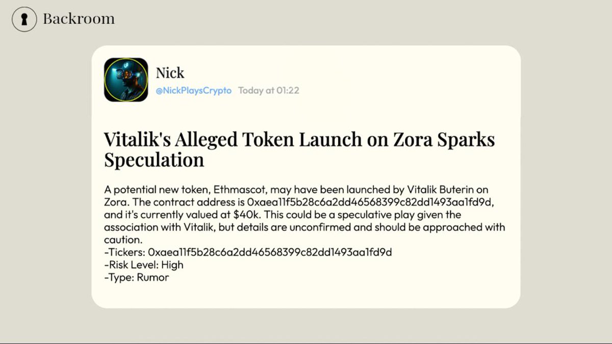 Backroom AI detecting and sharing Ethmascot alpha call from Telegram