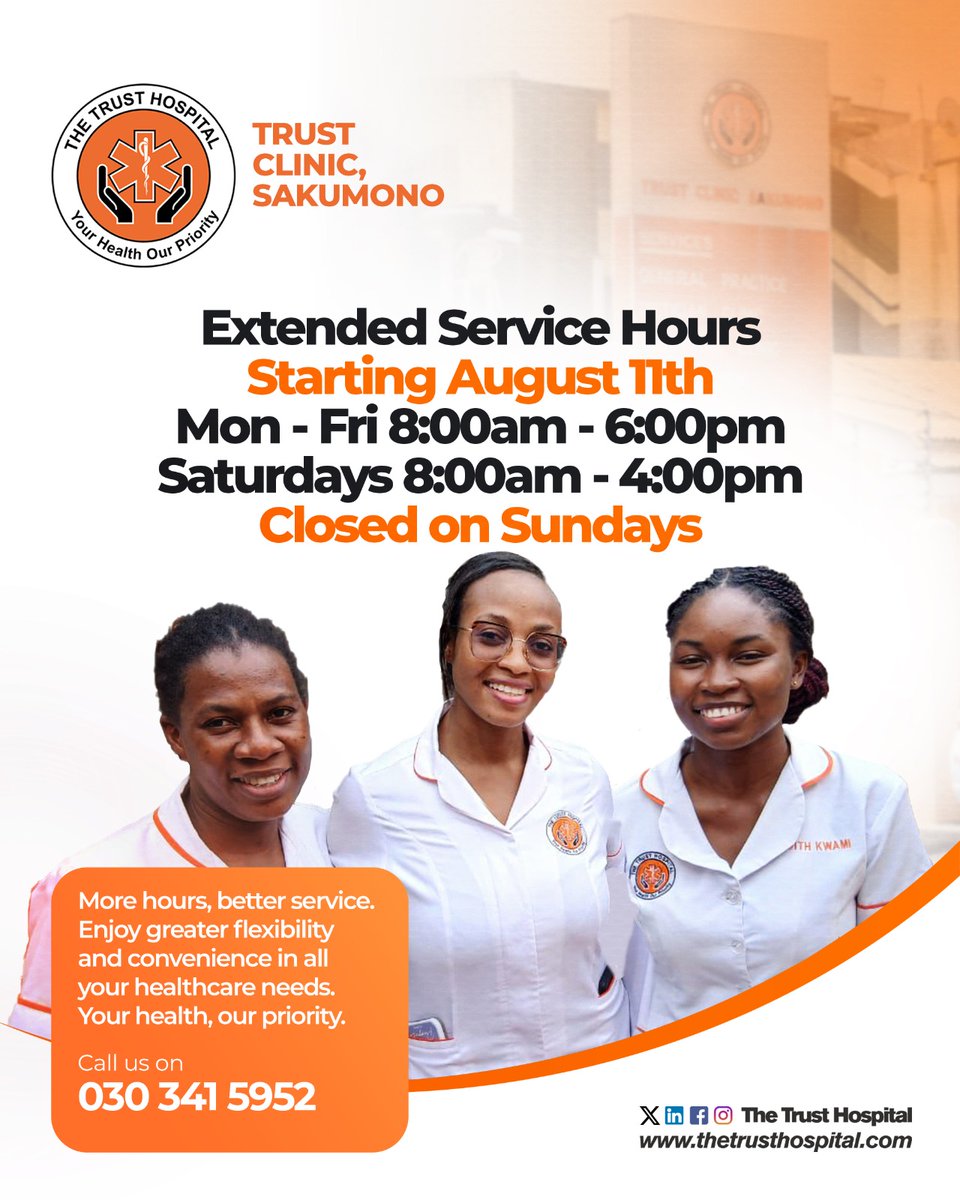 TheTrustHosp's tweet photo. More time for your health! Trust Clinic Sakumono is now open Mon–Fri 8am–6pm, Sat 8am–4pm, and closed Sun. 

Get the care you need when you need it. Visit us today or call 030 341 5952 to book. 
#TCSakumono
#tthcl
#YourHealthOurPriority https://t.co/3mxrs4iD8Z