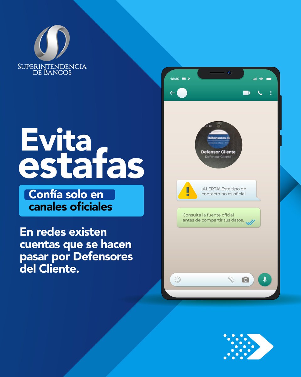 superbancosEC's tweet photo. #EvitaEstafas
🚫 No te dejes engañar por cuentas que se hacen pasar por la @superBancosEC.

✅ Consulta siempre nuestras redes oficiales y nunca entregues tus datos personales a perfiles falsos. https://t.co/y8Yq2ExZ9L