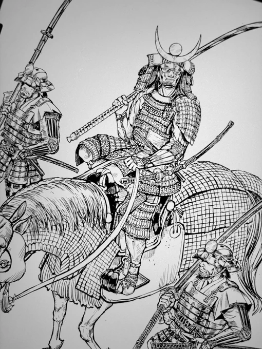 ちと細かすぎたかなとも思うが、色を付ける際に楽をしたいのである程度描いておく。
ディテールが邪魔なら消せば良いし。
室町末期の甲冑も手癖で描けるようにしておきたいモンだが、様式が多様化してるから覚え難い。明日以降に彩色かな。 