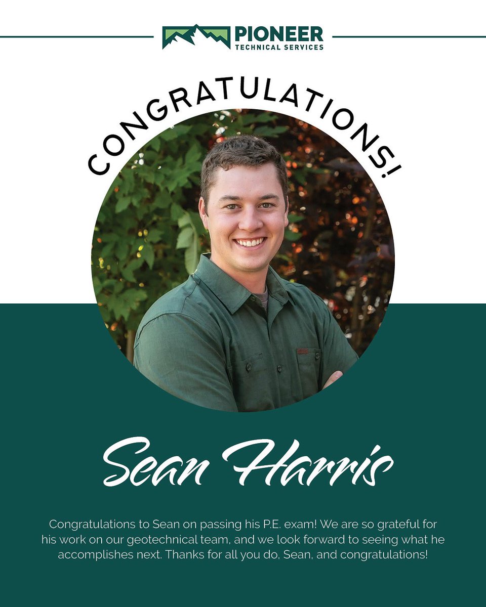 Congratulations to Sean Harris on passing his P.E. exam! We are so grateful for his work on our geotechnical team, and we look forward to seeing what he accomplishes next. Thanks for all you do, Sean, and congratulations!