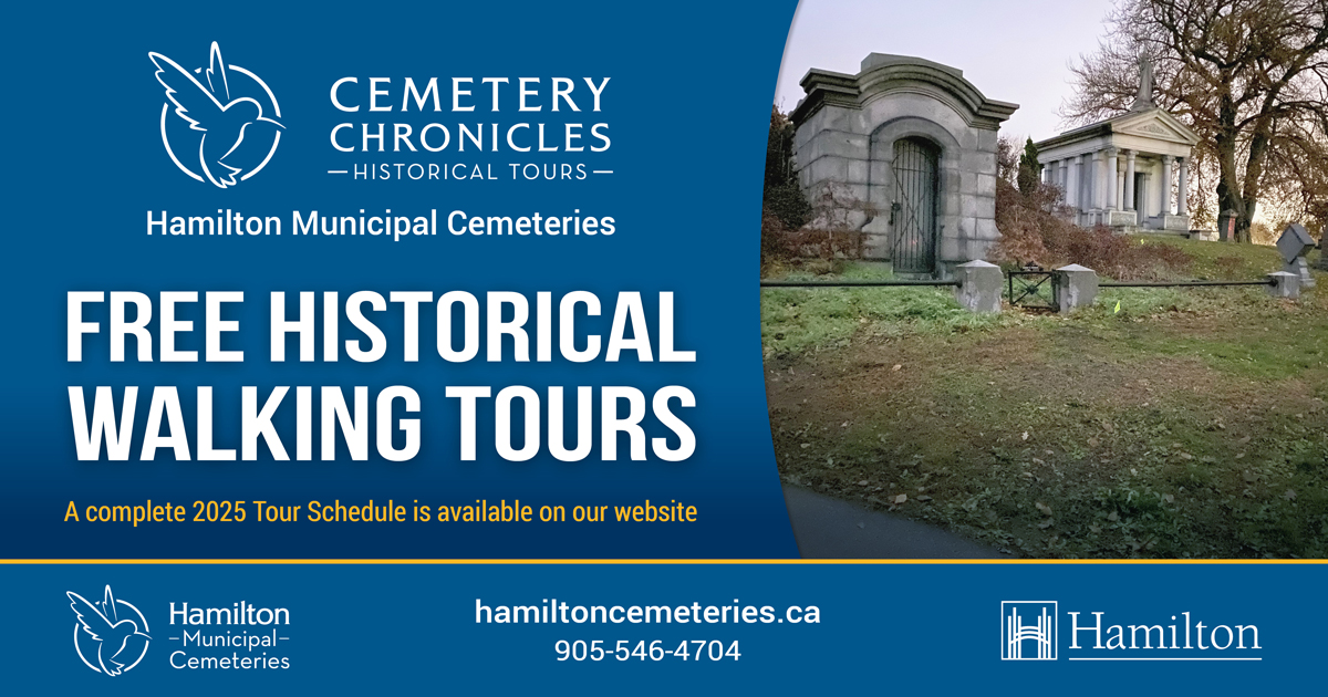 cityofhamilton's tweet photo. Take a walk through history with the Cemetery Chronicles – Historic Walking Tours to learn about the city's past and the lives of those who helped shape it. Tours are available between May to November. More information:https://t.co/3VrNJB1xw6 https://t.co/5rjlUW952N