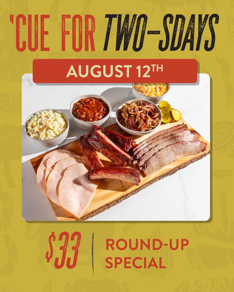 Get The Round Up this Tuesday ONLY (Aug. 12):

Four signature meats + your choice of 3 classic sides for just $33 — available for dine-in and carryout. Feeds 2. 

#CueForTuesdays #KCBBQ #JackStackBBQ #TuesdaySpecial #Cue #KansasCity