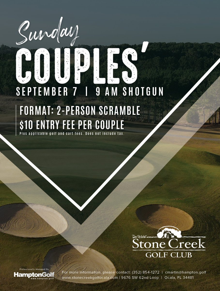 SC_GolfClub's tweet photo. It's time to couple up! ⛳

Sunday, September 7 | 9AM Shotgun
Format: 2-Person Scramble

$10 Entry Fee Per Couple

For more information or to sign up, please contact: (352) 854-1272 | cmartin@hampton.golf https://t.co/qsitFosmKo