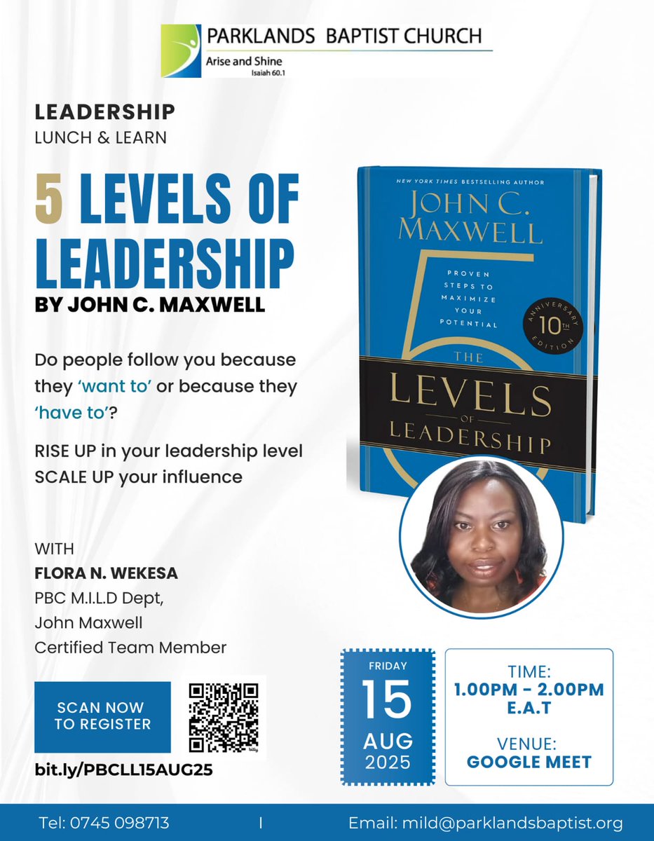 LEADERSHIP LUNCH &amp; LEARN

Would you like to Scale up Your Leadership Influence?

Welcome to the Leadership Lunch and Learn Session, this Friday 15th August, 1.00pm - 2.00pm E.A.T.

A John Maxwell Leadership Session, for PBC Ministry and Marketplace Leaders.

Entry Free. Register
