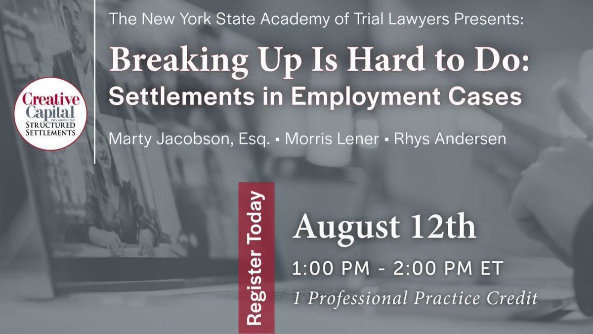 CCI_Structures's tweet image. Starting soon - There&apos;s still to register! Join Creative Capital Structured Settlements for our upcoming Live Stream: Breaking Up Is Hard to Do – Settlements in Employment Cases. 

trialacademy.org/?pg=events&amp;amp;evA…