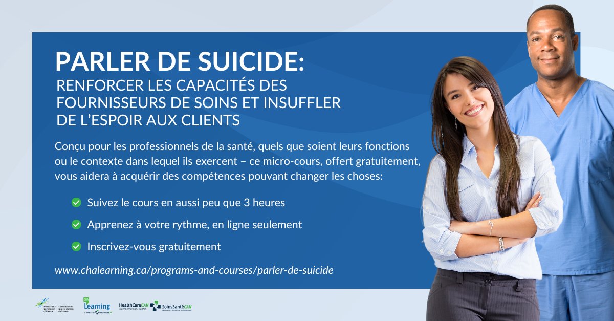 Plus de 4 500 Canadiens décèdent par suicide chaque année. Beaucoup d’autres ont des pensées suicidaires dont ils ne parlent jamais. Les professionnels de la santé sont les mieux placés pour offrir une aide. Ce cours leur permettra d’acquérir les outils pour le faire avec