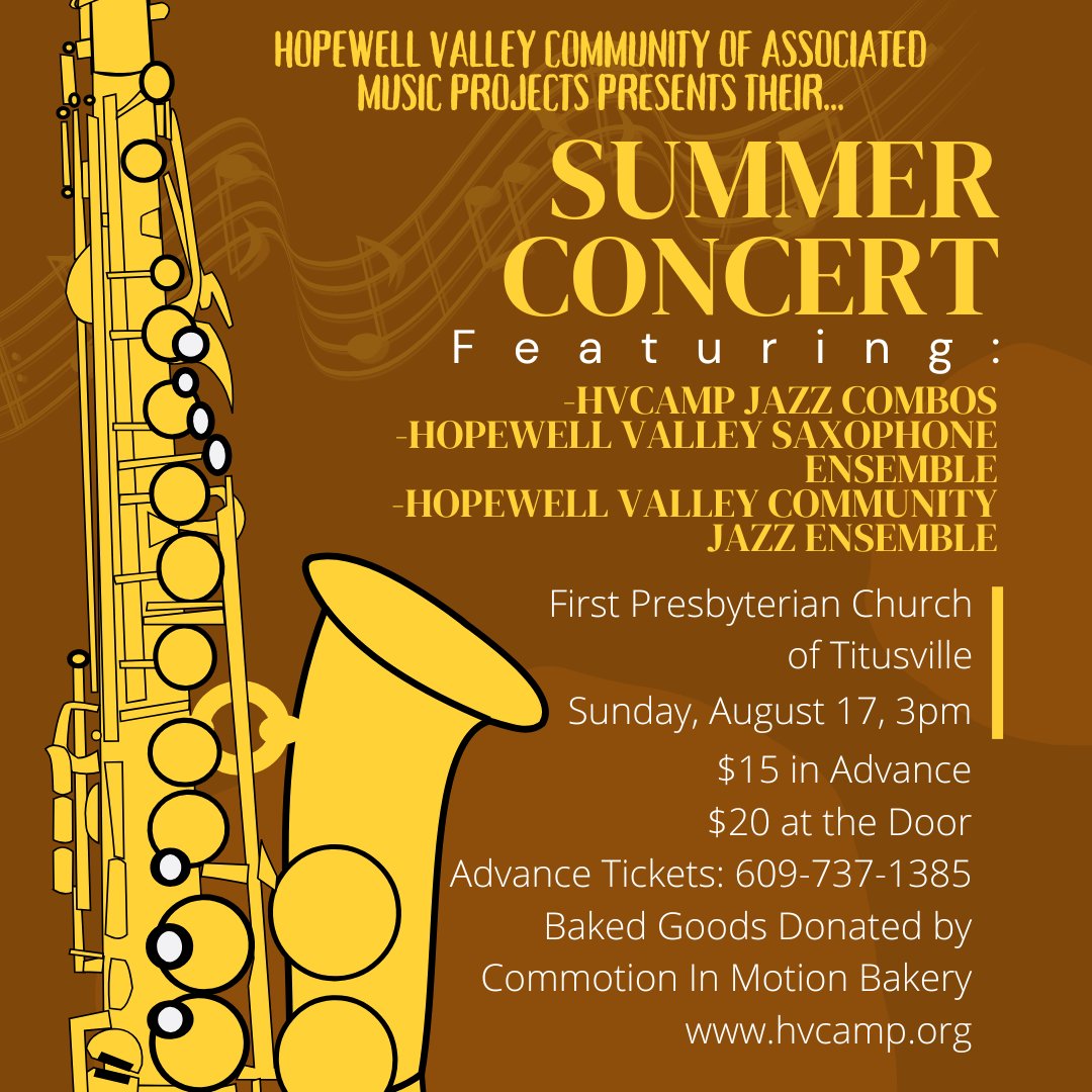 HV_CAMP's tweet photo. Join us for our Summer Concert on 8/17!  It features the debut of our SAXOPHONE ENSEMBLE along with our jazz combo and jazz ensemble.  Plus:  FREE CAKE!  Call 609-737-1385 for advance tickets.   #LiveJazz #SaxophoneEnsemble #JazzCombo #CommunityMusic #JazzEnsemble #MusicLovers https://t.co/mM94PFKrq8