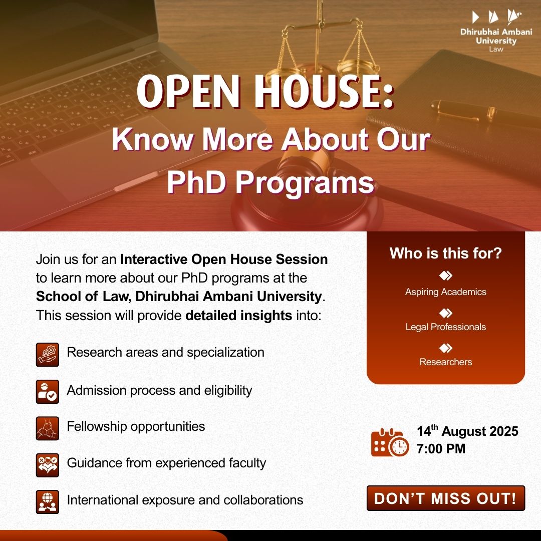 AmbaniLaw11172's tweet image. Twitter (X) – Concise
📢 Open House: PhD at @AmbaniLaw11172 
🗓 14 Aug | 🕖 7 PM
Learn about research areas, admissions, fellowships & more. For academics, legal pros & researchers.
🔗 Zoom Link
#PhDProgramme #DAUSchoolOfLaw