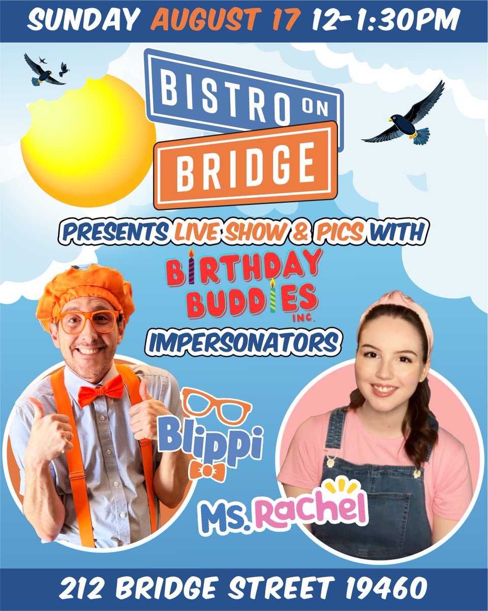 BistroonBridge's tweet photo. Buckle up, folks! Blippi’s back in town and he’s bringing his BFF Ms. Rachel from @birthdaybuddiesinc to Bistro on Bridge on Sunday, August 17, from 12:00-1:30 PM!🧡💙🩷

#BistroOnBridge #FamilyFun #LiveShow#BlippiFans #MsRachel #MeetAndGreet #PhoenixvilleEvents #BirthdayBuddies https://t.co/B8ieZ0IBIM