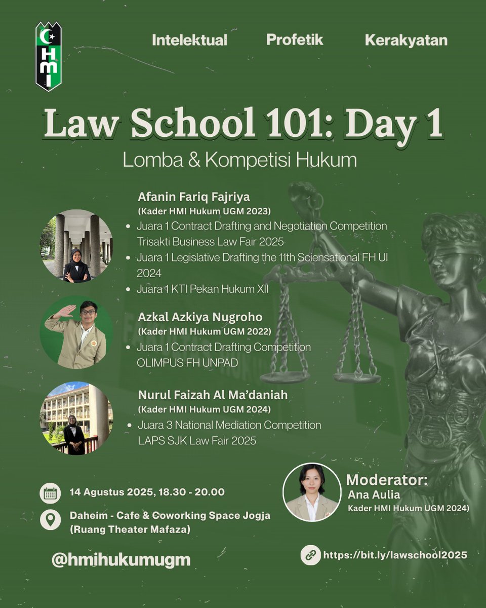 hmihukumugm's tweet photo. [ LAW SCHOOL 101]
Assalamualaikum wr.wb

Halo teman-teman FH UGM!!

Masih bingung dinamika dan budaya fakultas hukum? Ingin tahu contekan buat bertahan bahkan berprestasi di FH UGM?! 

HMI Komisariat Hukum UGM mengadakan LAW SCHOOL 101 Acara ini dilaksanakan dalam 2 hari. https://t.co/5GsPdnNONH