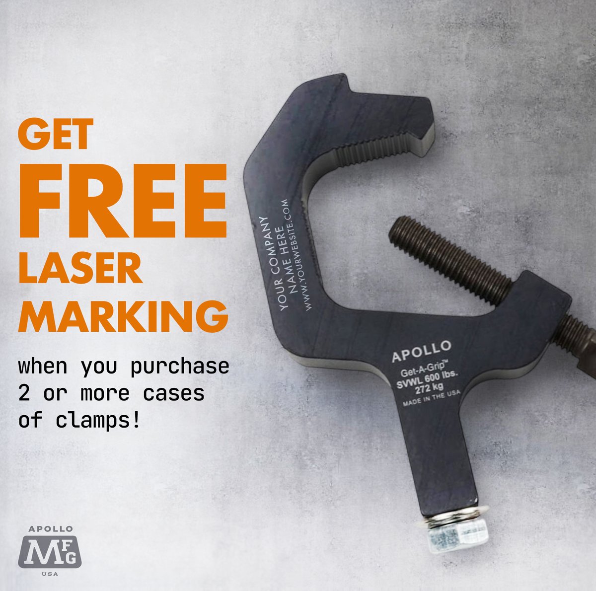 Get your clamps personalized for free with purchase of 2 or more cases of clamps!

#ApolloMFG #EntertainmentLighting #TrussClamps