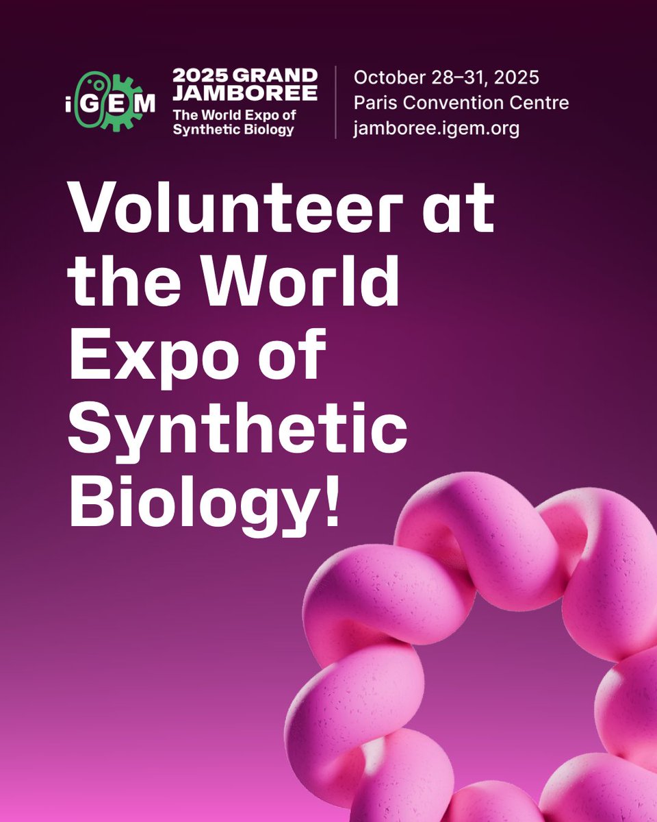 iGEM's tweet photo. Applications Are Open! Join our volunteer team!

Each year the iGEM Grand Jamboree hosts the global synthetic biology community at the World Expo of Synthetic Biology, in Paris. October 28-31, over 5,000 participants are expected!

For more information:
https://t.co/kCEcby43Sn https://t.co/1FpGqklxd5