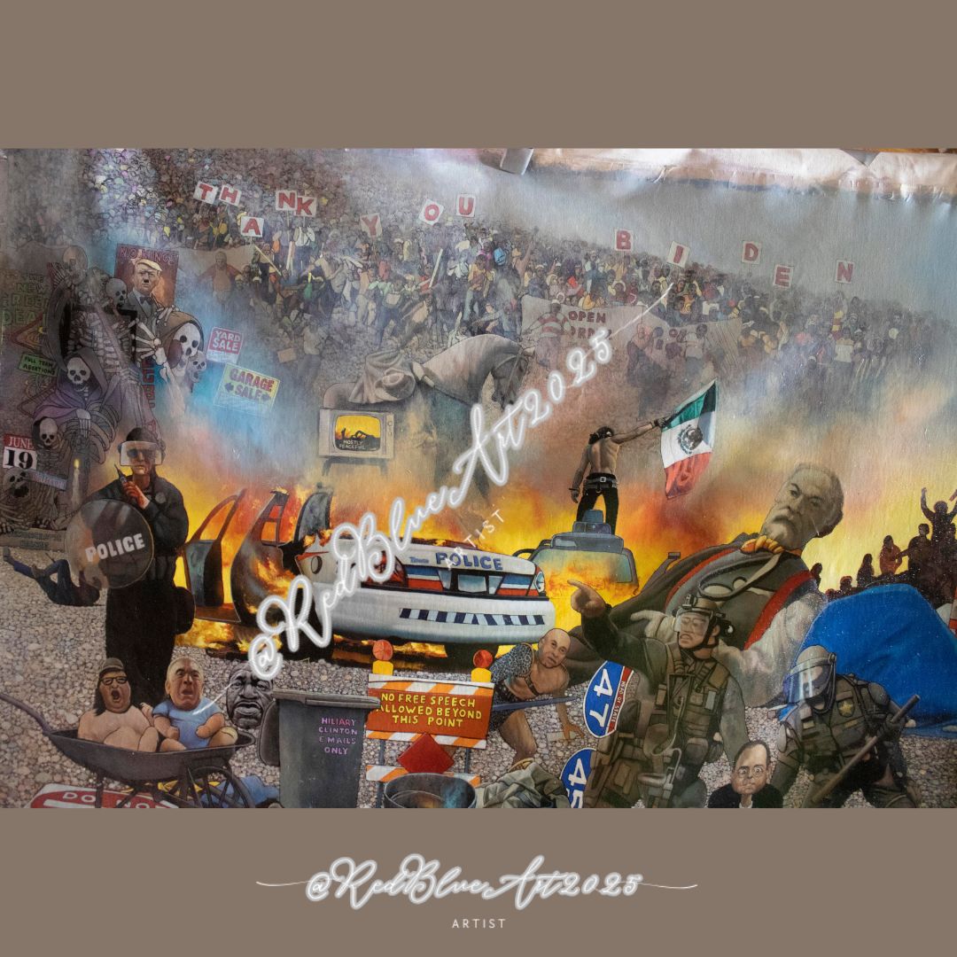 RedBlueArt2025's tweet photo. Another larger glimpse at my 30foot wide canvas portraying the political dilemma.  Interesting to view which side the media is on and how that affects public perception.  What is your perception of the current political scene? 🇺🇸 https://t.co/jwb67IYqGB