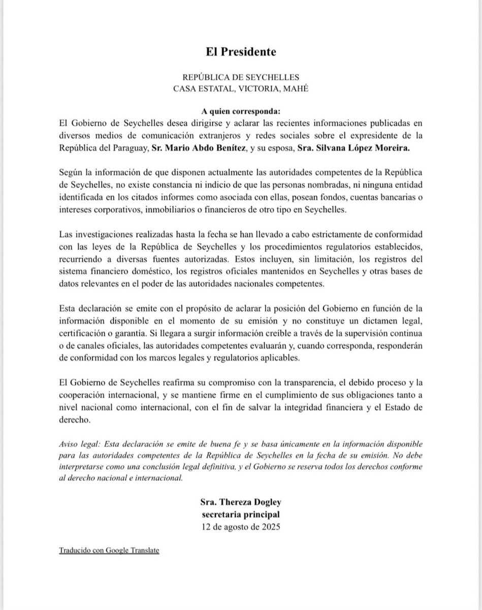 CAYÓ LA BURDA TRAMA
DE MAB EN SEYCHELLES
Categórico desmentido de la versión q sobrevoló la prensa interesada, y su eco tarifado de corifeos.
Otra chambonada que
avergüenza y desprestigia a los pasquínes.