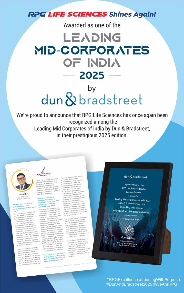 rpglifesciences's tweet photo. Honoured to be named one of India’s Leading Mid-Corporates 2025 by Dun &amp; Bradstreet.
Grateful to our team &amp; partners for driving purpose-led growth in life sciences.
#rpgexcellence #leadingwithpurpose #dunandbradstreet2025 #wearerpglifesciences https://t.co/Q9IAQJdIGw