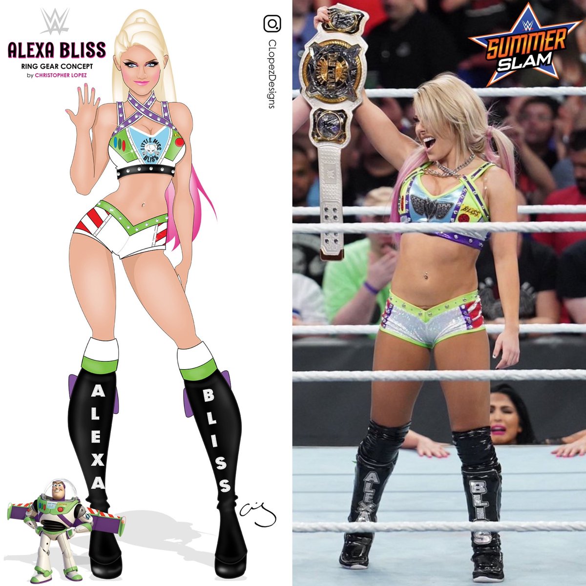CLopezDesigns's tweet photo. Wow can’t believe it’s already been 6 years! I designed this gear for @AlexaBliss_WWE in collaboration with Main Event Gear! Still such cool feeling seeing this! Thank you again Alexa, M.E.G., &amp; WWE!!✨🚀💪🏻 #wwe #wwesummerslam #alexabliss #ringgeardesigner https://t.co/UqzbRDfs4L