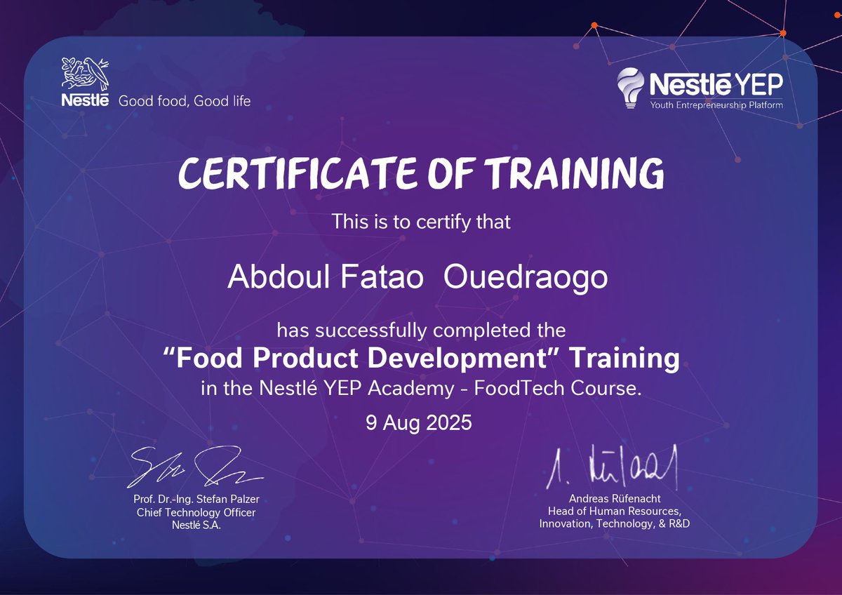 AF_Ouedraogo's tweet image. Food Product Development
🥗 De l’idée au produit alimentaire innovant : la formation Food Product Development m’a donné les clés pour concevoir et développer des produits qui répondent aux attentes des consommateurs.
Merci à Nestlé pour ce savoir-faire.

#FoodProductDevelopment