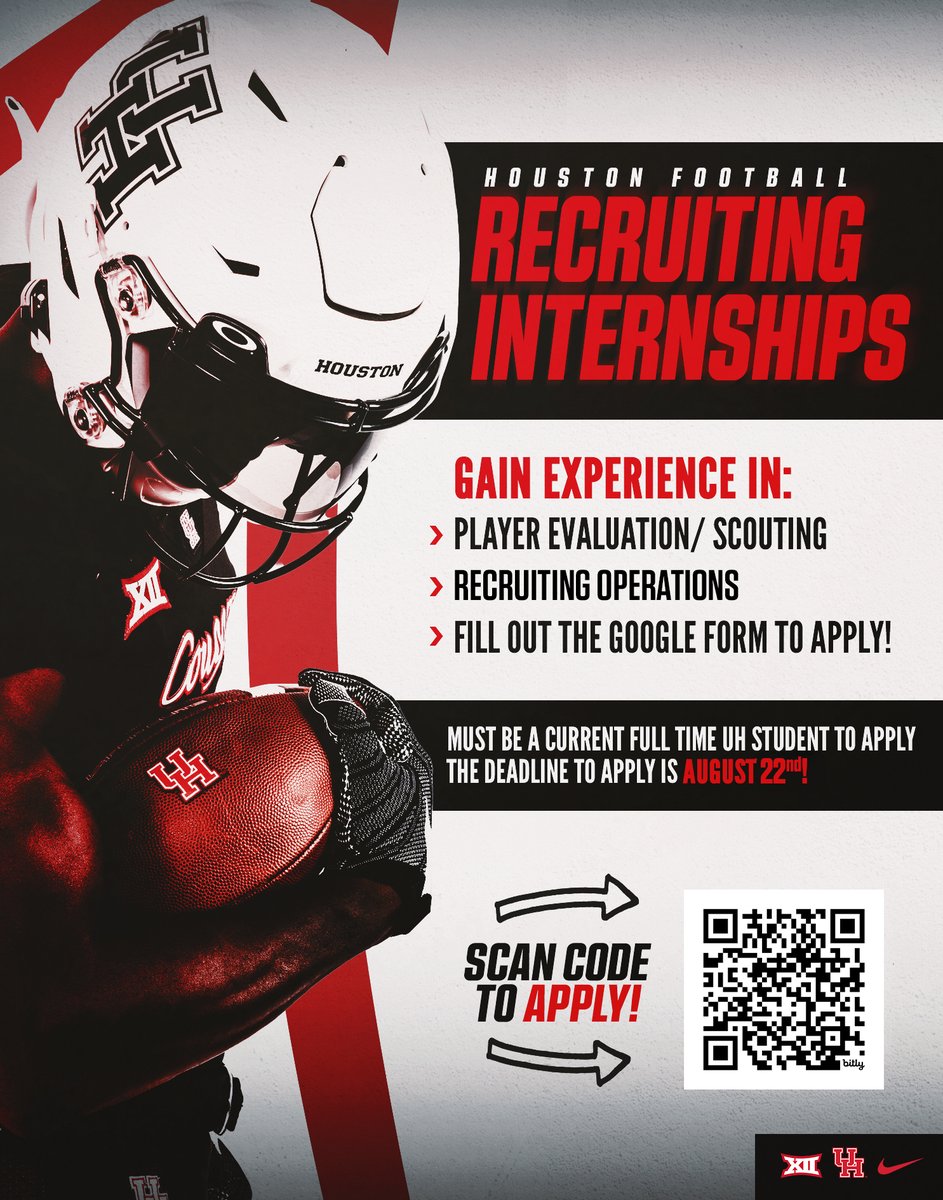 Houston Football (@uhcougarfb) on Twitter photo Have a passion for college football?
<a href="/UHFBRecruiting/">UH FB Recruiting</a> has internships available for current <a href="/UHouston/">University of Houston</a> students.  Click the link below to apply! #GoCoogs 
🔗: bit.ly/recruitinterns… Have a passion for college football?
<a href="/UHFBRecruiting/">UH FB Recruiting</a> has internships available for current <a href="/UHouston/">University of Houston</a> students.  Click the link below to apply! #GoCoogs 
🔗: bit.ly/recruitinterns…