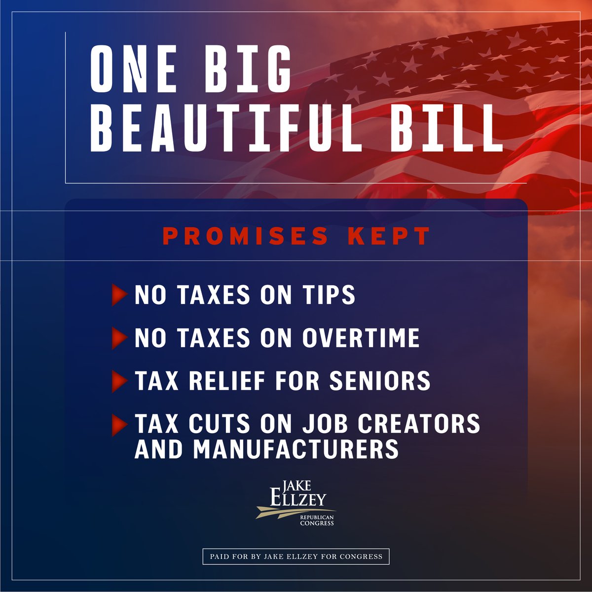 Promises kept! Tipped workers, working overtime to keep your overtime, and relief for seniors and job creators - we are giving back to American families across the country with One Big Beautiful Bill.