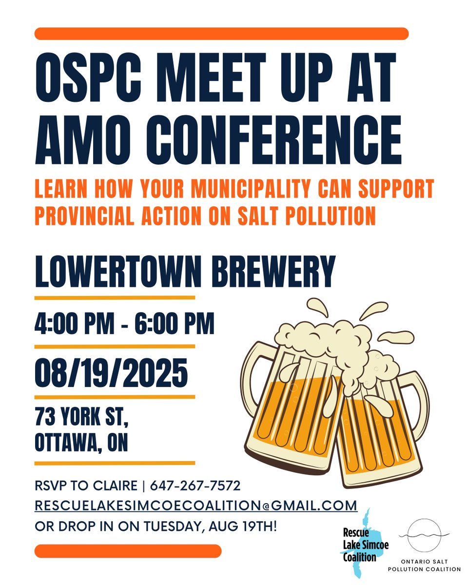 RLSC_Watershed's tweet photo. #Onpoli #Mayors and #Councillors going to #AMO2025: Join #municipal leaders for a get together @ Lowertown Brewery to learn &amp; support action on #saltpollution in #Ontario with the Ontario Salt Pollution Coalition. Learn more, register @ https://t.co/PyEAR8vtrH https://t.co/U0bCc4h84y