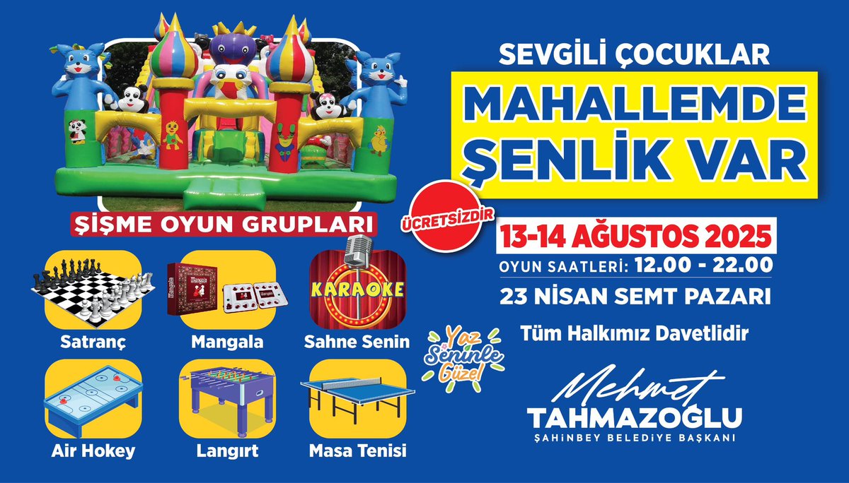 Mahallenize şenlik getiriyoruz!🎉

Bu hafta 23 Nisan Semt Pazarı’ndayız.

Eğlence, oyun ve sürprizlerle dolu iki gün sizleri bekliyor! Haydi çocuklar, bu şenlik kaçmaz! 😉

🗓️ 13-14 Ağustos
🕛 12.00 - 22.00
📍23 Nisan Semt Pazarı

#YazSeninleGüzel #Şahinbey #Gaziantep