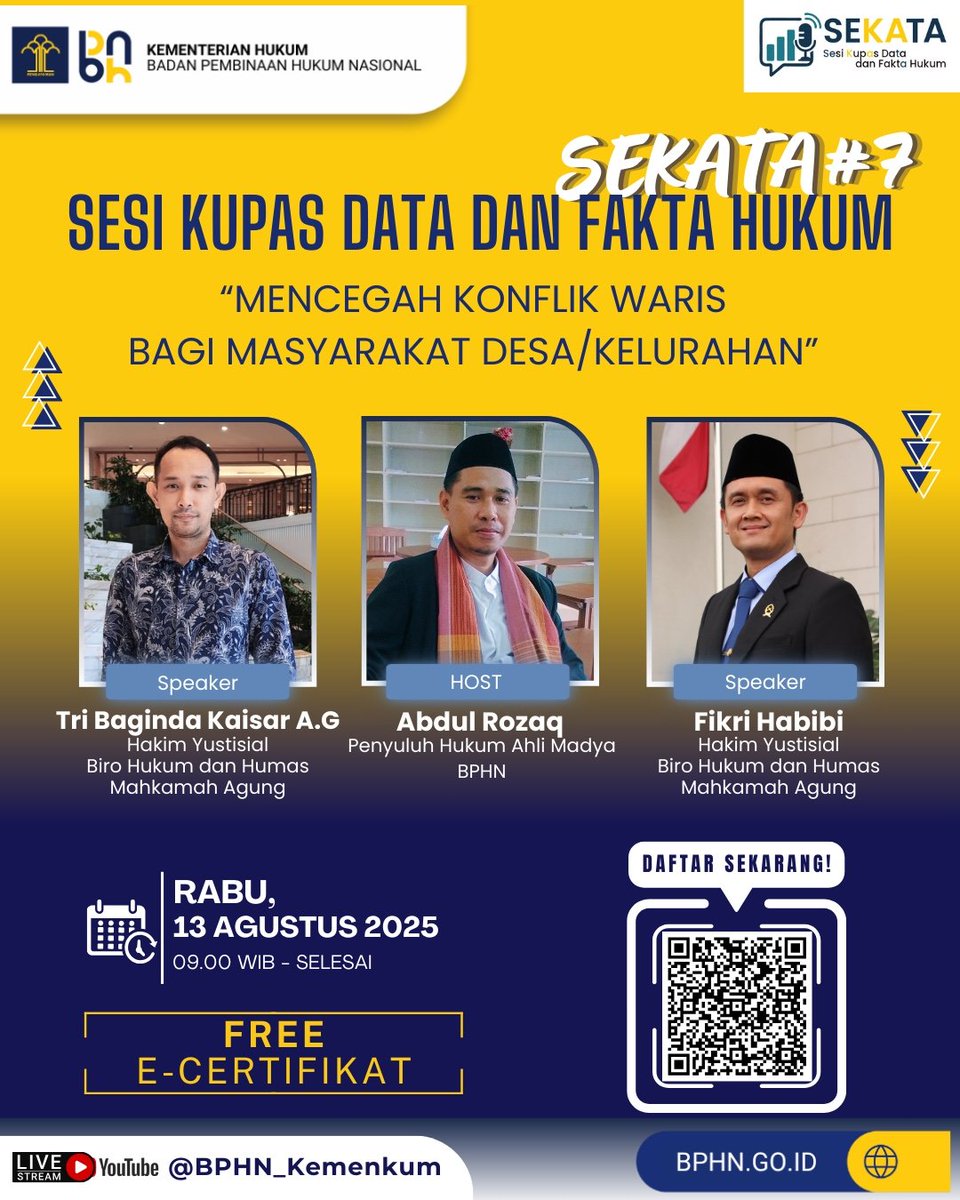 bphn_kemenkum's tweet photo. ๐๏ธ Ayo registrasi sekarang di link berikut: https://t.co/l10F8l3dyt
Mari kita kupas data dan fakta hukum, bersama dalam satu suara: SEKATA!
#BPHN #Kementerianhukum #LayananHukumMakinMudah https://t.co/JY54Otsz0P