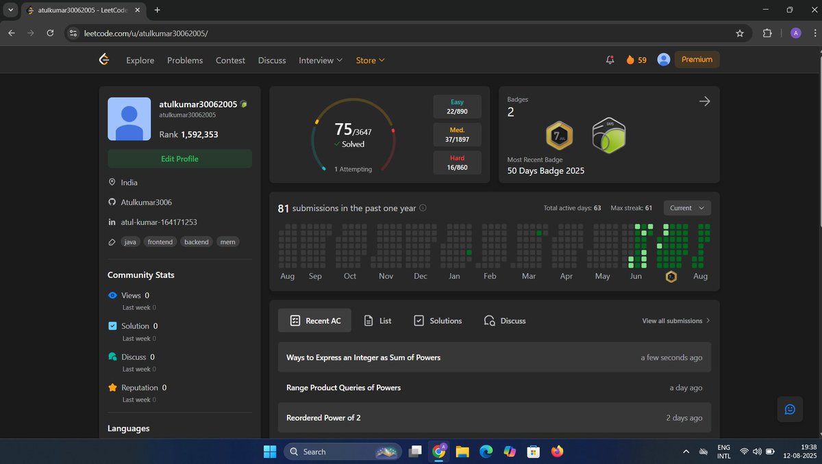 Atulkumar338629's tweet photo. Day-43 #100DaysOfCode
Taking a quick break from my DSA grind as semester exams kick off. How do you balance coding and studies? I'll be back post-exams to keep pushing! Consistency > perfection - let's keep building!  #DSA #Java #buildinpublic #techtwitter https://t.co/Pth6YTkQdb