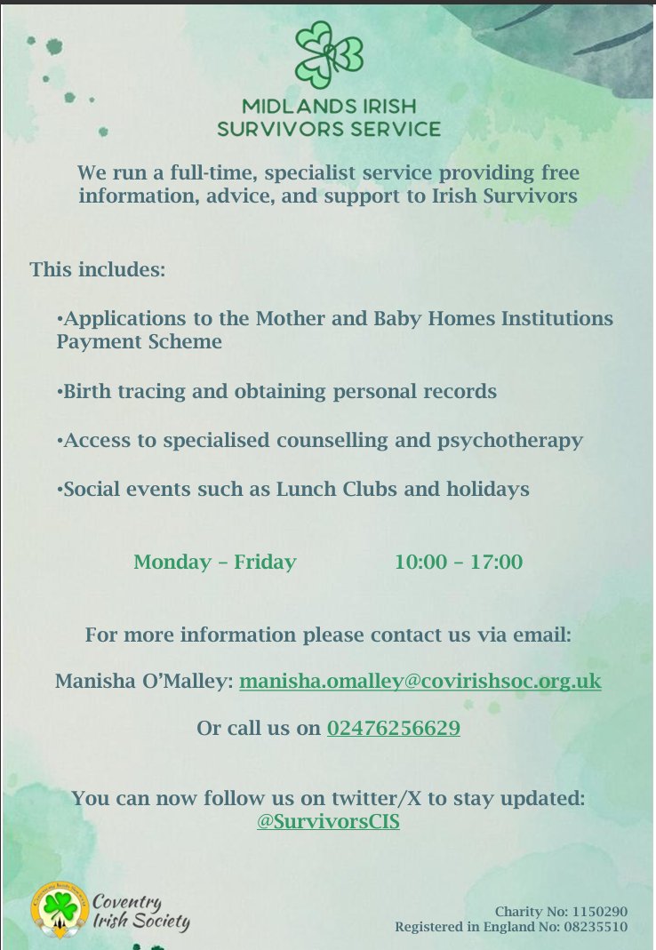 Midlands Irish Survivors Service (@survivorscis) on Twitter photo We have a range of services available to anyone who needs them
For more information contact us on 02476256629 or get in touch with <a href="/ManishaCIS/">Manisha Ní Mháille</a> We have a range of services available to anyone who needs them
For more information contact us on 02476256629 or get in touch with <a href="/ManishaCIS/">Manisha Ní Mháille</a>