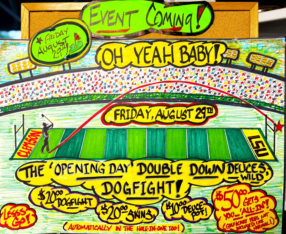 🔔It’s almost time for some football 🏈

Kicking off football season the only way we know how, with a Double Down Dog Fight 🐅 🐯 

Friday, August 29th. ☎️ Must call to sign up!! Tee Times will be blocked starting at 9:28 ⛳️ 

Go Tigers!! (The Clemson Tigers 😉) 🏈 🐅