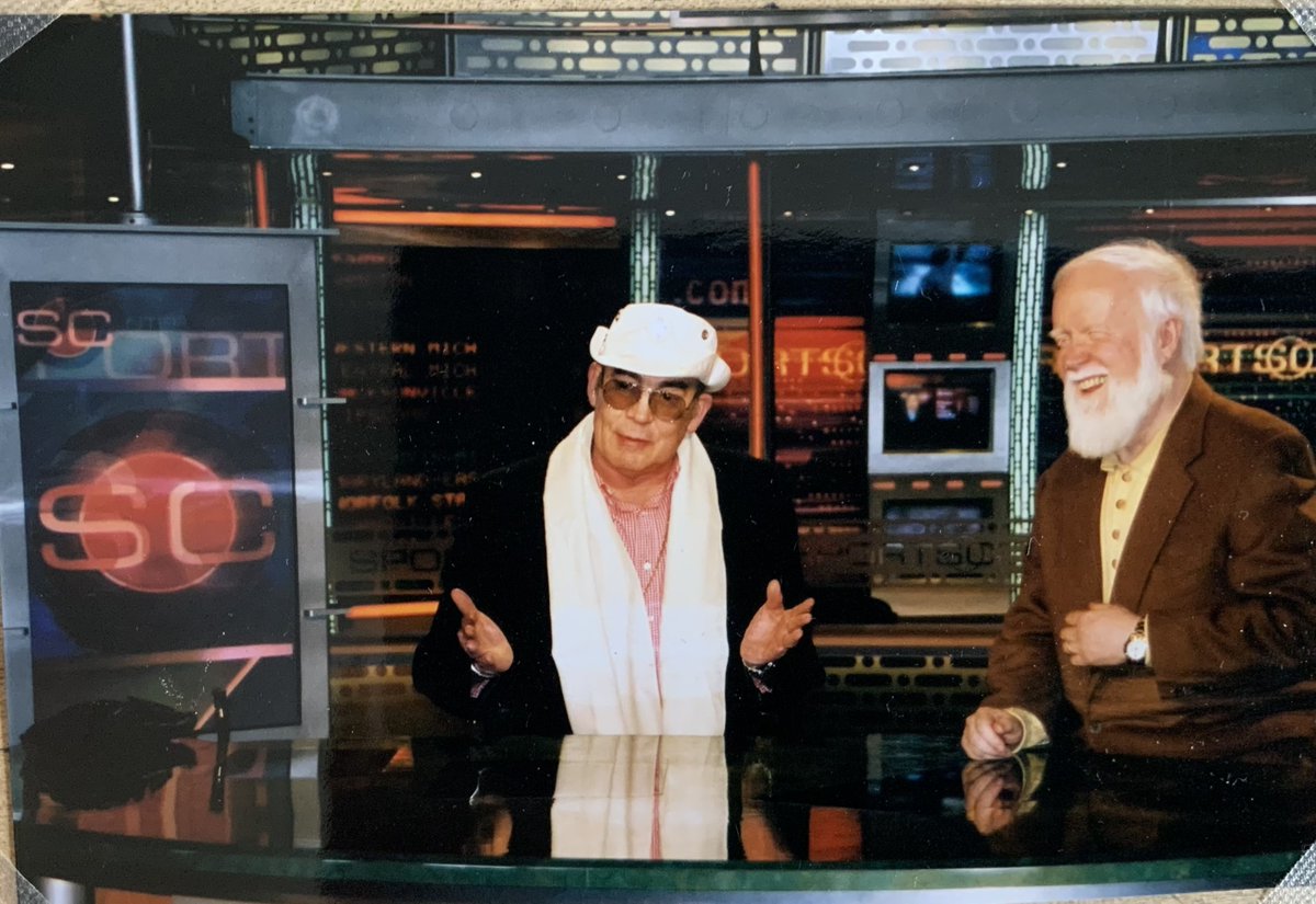 AnitaGonzo's tweet photo. Hunter &amp; his long time friend John Walsh goofing off on the set of ESPN during our tour of east cost for Hunter’s memoir release in 2003. John is the reason Hunter accepted invitation to write his hilarious ESPN column in the early 2000s - he loved that Hey Rube column!🥰 https://t.co/U3gVKHF5dJ