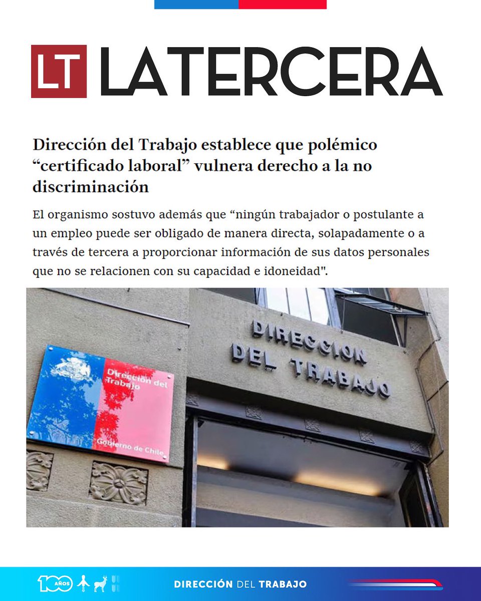 📌Ayer, la Dirección del Trabajo emitió el dictamen ORD. N°541/24, sobre la controversia generada por el caso del certificado laboral que recopila historial de licencias médicas, juicios y datos financieros.

🗞️Revisa el dictamen aquí: dt.gob.cl/legislacion/16…