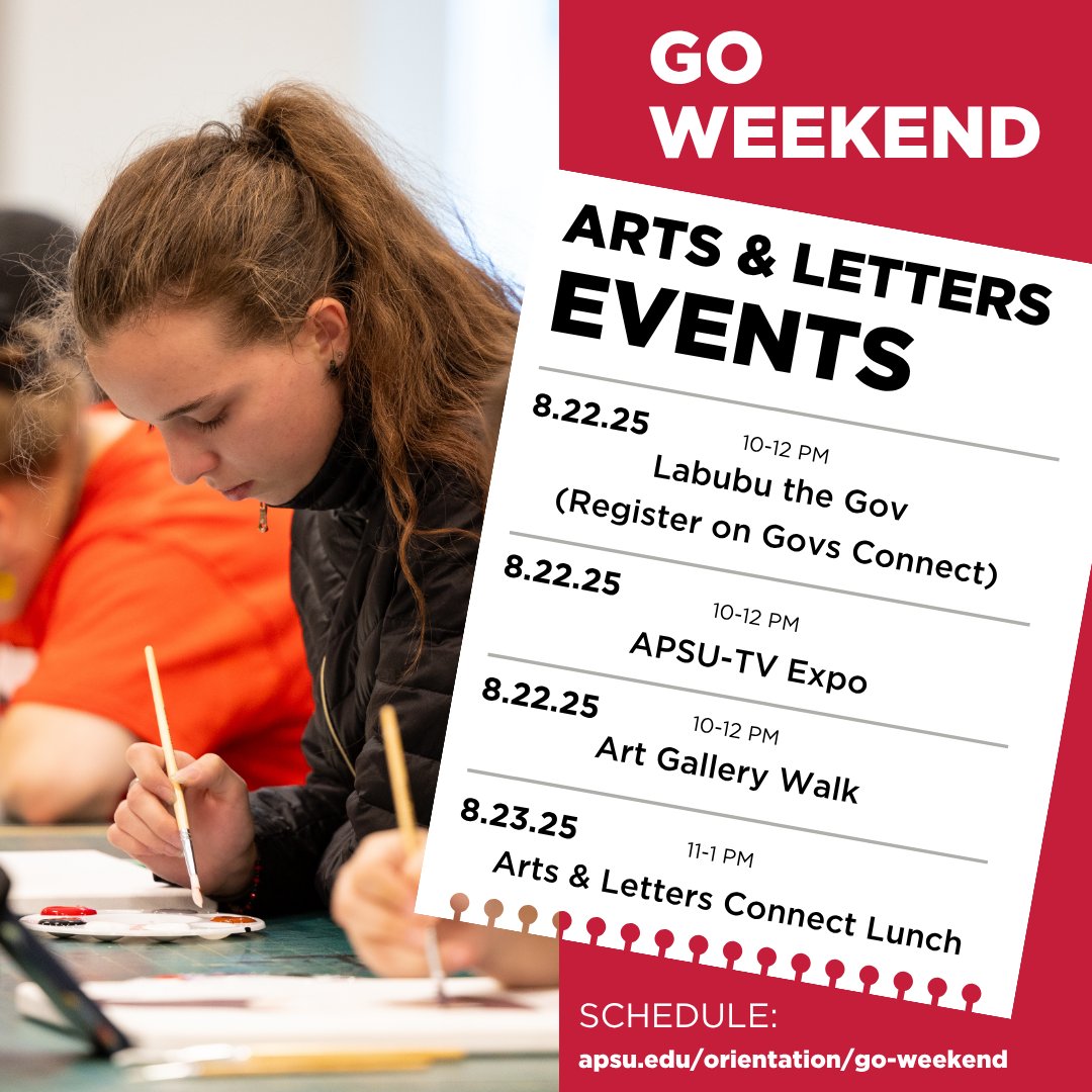 A little over a week until we welcome our new students to campus! We’ve got some special events during GO Weekend specific to the College of Arts and Letters.👌

Head to apsu.edu/orientation/go… for the full lineup and more information!