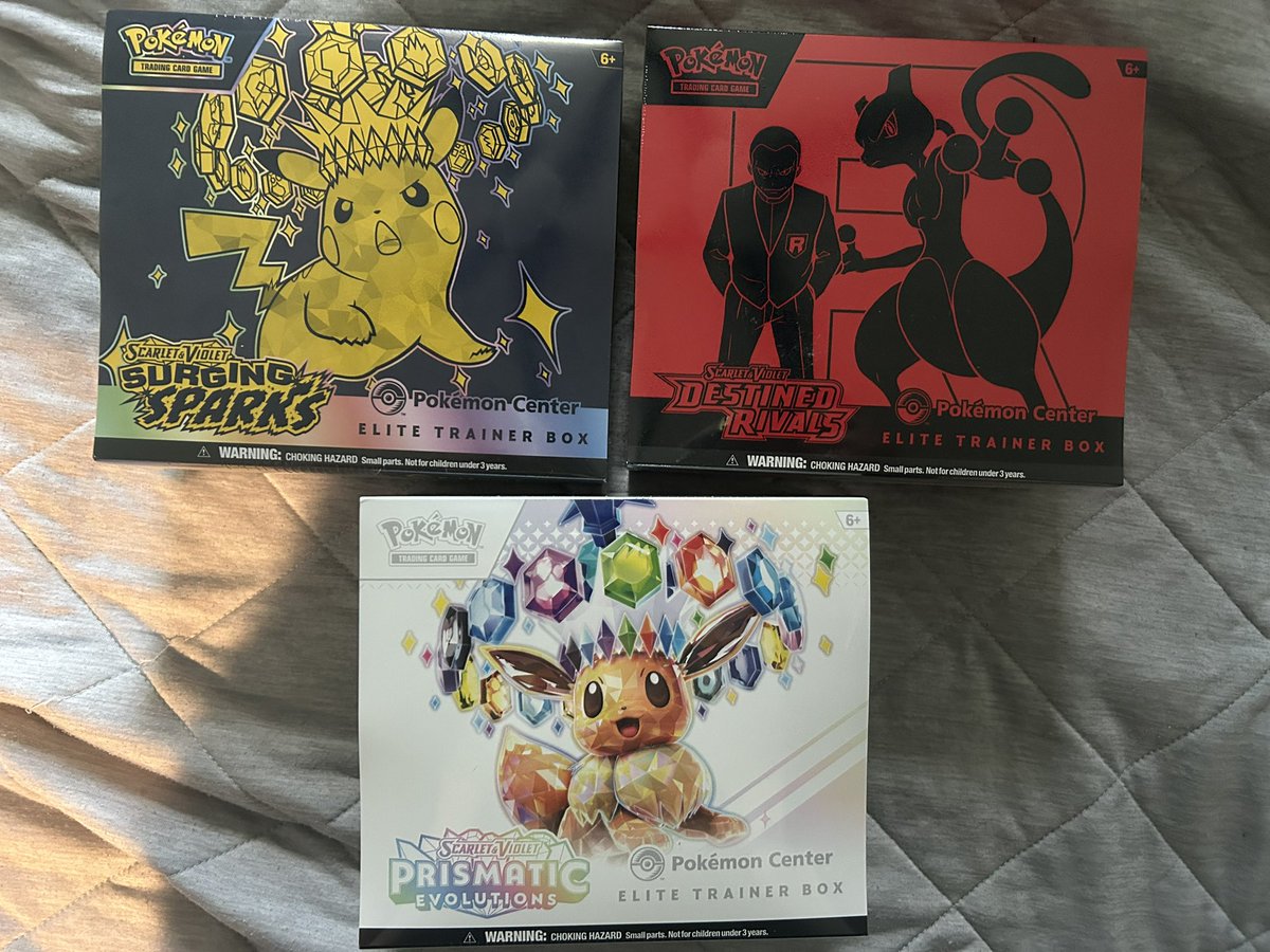 wrongholesilly's tweet image. Pokemon center ETBs for sale 

Surging sparks 190 
Destined rivals 215
Prismatic 235 

RT appreciated