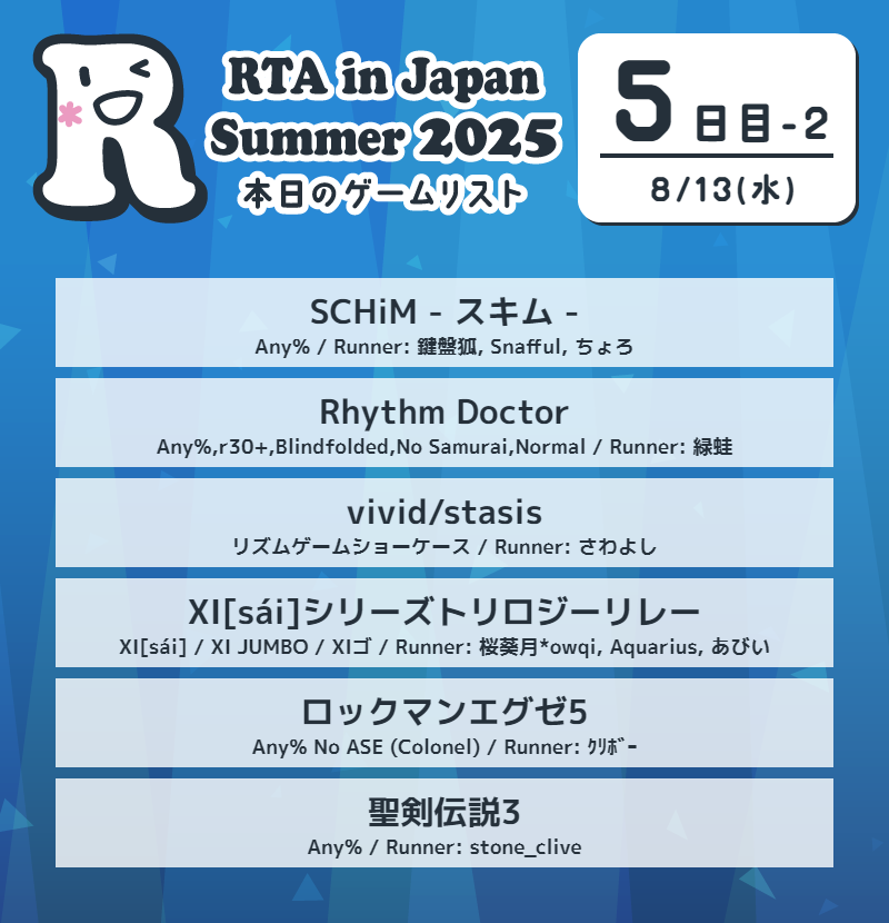 RTA in Japan Summer 2025
5日目のゲームはこちらです。

◆スケジュール
horaro.org/rtaij/rtaijs20…

◆配信
twitch.tv/rtainjapan

◆直接寄付及び投票
donate.rtain.jp

#RTAinJapan